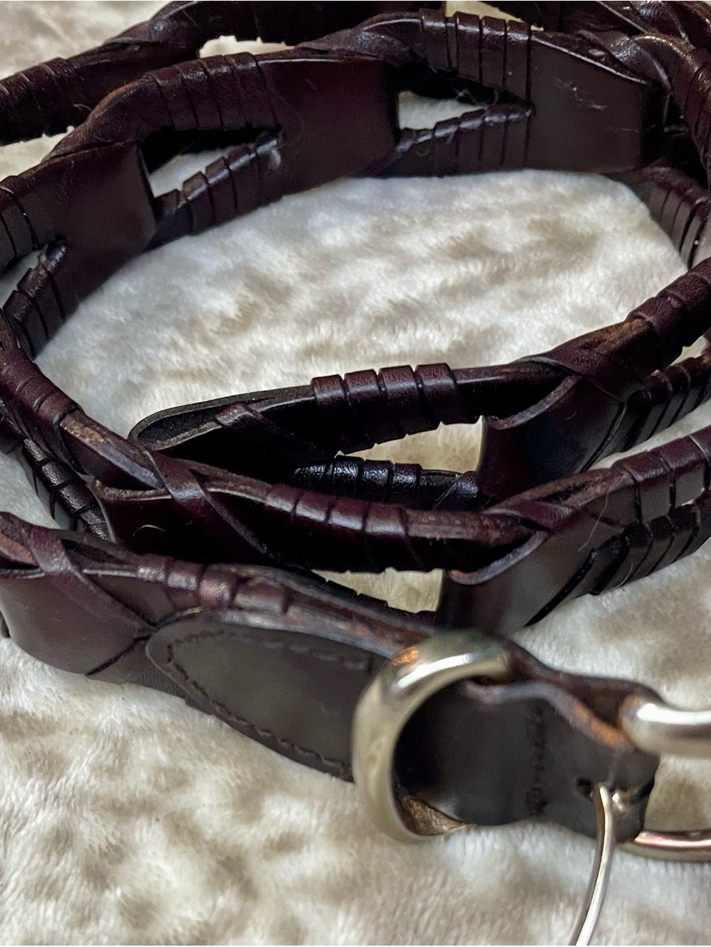 VINTAGE LIMITED SZ M OPEN WORK WOVEN BROWN LEATHER SILVER TONE BUCKLE LOOP BELT